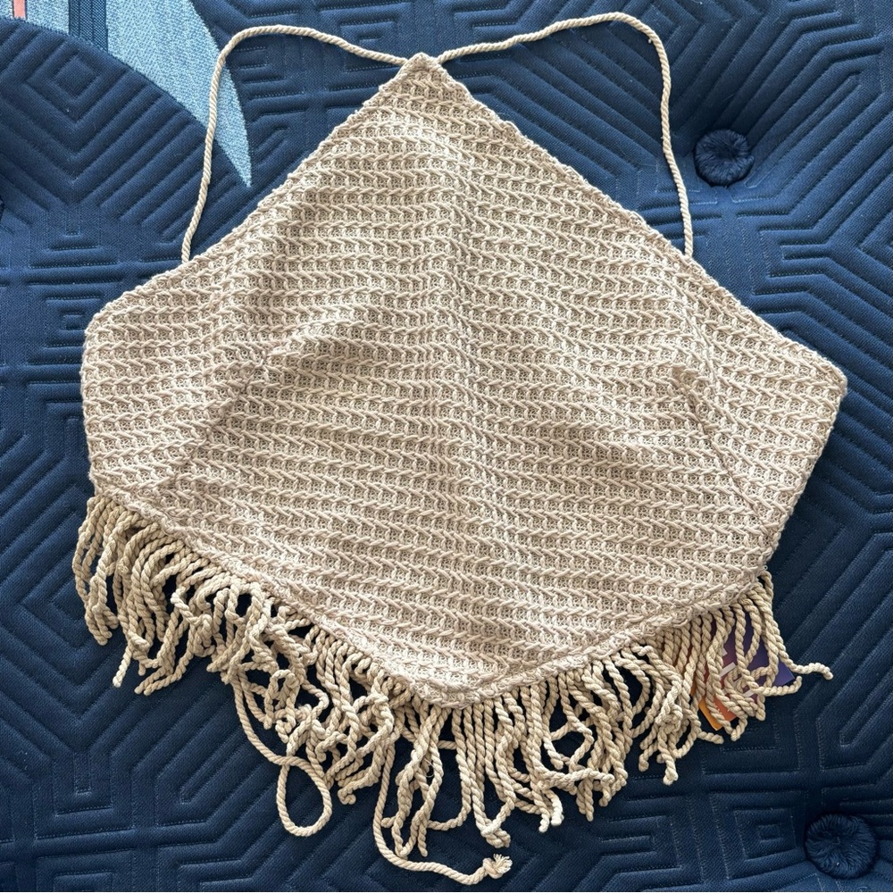 SHEIN Tan Crochet Fringe Halter Crop Top